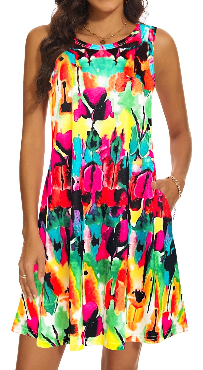 MOSKILL Summer Dresses for Women 2026 Casual Sundresses Beach Cover Ups Sleeveless Tshirt Swing Dress with Pockets 3X-Large Rainbow - Image 1